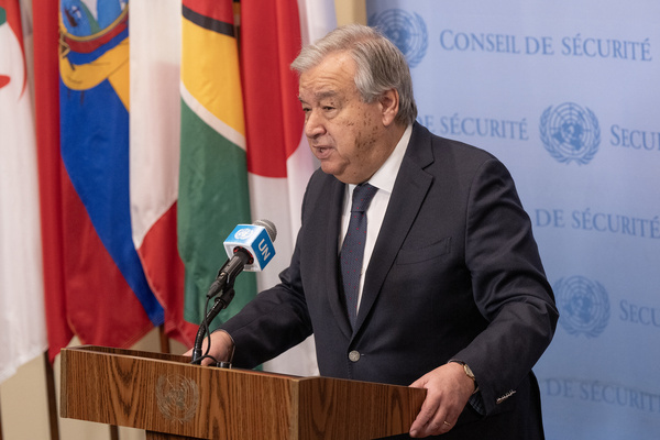 Press encounter with the Secretary-General Antonio Guterres at UN Headquarters in New York. Antonio Guterres reiterated his call for release of hostages and increased aid to people of Gaza.