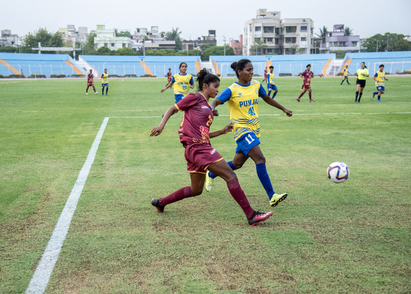 Bengal Women football team wins in style with thrashing victory by 7-1 margin against Punjab in Senior Women's National Football Championship for Rajmata Jijabai Trophy at Kishor Bharati Stadium. Punjab 1 (Nisha 63’) lost to Bengal 7 (Mousumi Murmu 2’, Rimpa Haldar 13’, 38’, 51’, Poonam Sharma 69’, Sulanjana Raul 83’, Dular Marandi 90+7’).