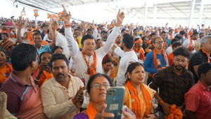 Bharatiya Janata Party (BJP) supporters listening to Indian Prime Minister Narendra Modi during a public rally ahead of the third phase of the General Elections in Burdwan South District.