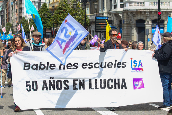 Oviedo, Spain, May 4th, 2024: One of the banners of the demonstration with "Bable nes escueles, 50 años en lucha" during the Demonstration for Officialidá, on May 4, 2024, in Oviedo, Spain.