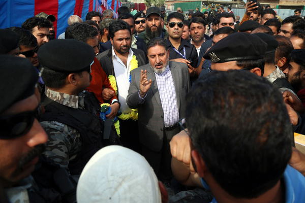 Jammu and Kashmir Apni Party presents Altaf Bukhari along with his party leaders and workers attend an election rally ahead of Lok Sabha election at Trichel Pulwama in south Kashmir. Thousands of people are seen in the rally in support of Altaf Bukhari.