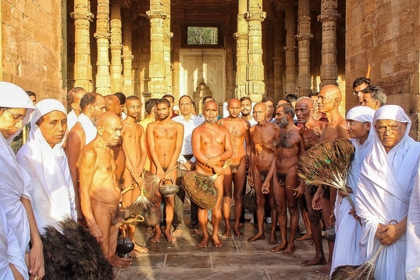 (EDITORS NOTE: Image contains nudity) Jain monks visited Dhai Din Ke Jhopda mosque in Ajmer. Led by Muni Sunil Sagar Maharaj, members of the Jain community marched barefoot at 6.30am on Tuesday to the 12th- century monument Adhai Din Ka Jhopra, a functioning mosque and situated in a densely Muslim-populated area, asserting that it had been the tradition for centuries to offer prayers. The Jain monks were accompanied by leaders of the Vishwa Hindu Parishad (VHP). They claimed that the site was originally a Sanskrit school before its conversion in to a mosque in the 12th century. The site is designated as a protected monument by the Archaeological Survey of India (ASI). Locals objected to the entry of monks, saying that they could not enter the mosque without clothing. The monks argued that it was within their rights as followers of the Jain faith to enter any government building.