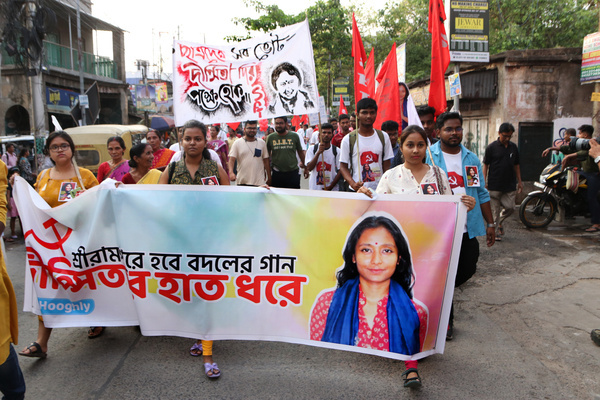 Left Suppoters during an election rally of CPI(M) Serampore constituency Dipsita Dhar ahead the Lok Sabha general election in Hooghly,West Bengal,India.