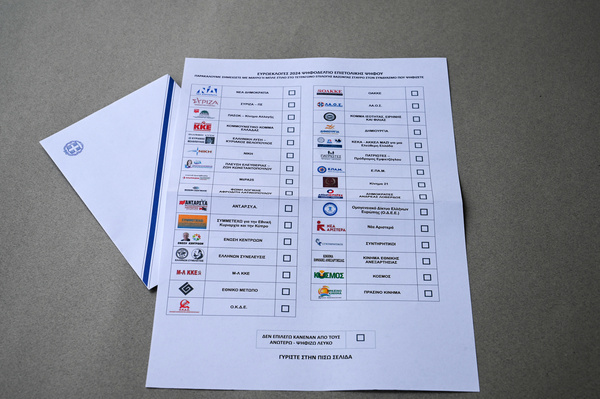 A view of a postal ballot and an envelope for the upcoming EU elections. About 200,000 Greeks residing in Greece and 127 countries abroad have registered for postal voting which is being implemented for the first time in an election in Greece.