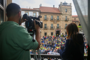 Avilés, Spain, May 16, 2024: Two journalists capture images of the rally at the Avilés City Hall during the Demonstration for the future of Saint Gobain, on May 16, 2024, in Avilés, Spain.