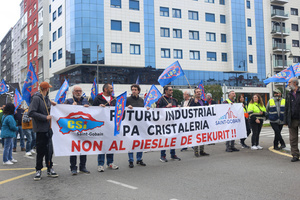 Avilés, Spain, May 16, 2024: One of the banners of the demonstration with "Industrial future for glassware, Not at the feet of Sekurit!" during the Demonstration for the future of Saint Gobain, on May 16, 2024, in Avilés, Spain.