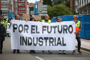Avilés, Spain, May 16, 2024: One of the demonstration banners with "For the industrial future" during the Demonstration for the future of Saint Gobain, on May 16, 2024, in Avilés, Spain.