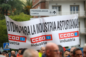 Avilés, Spain, 16th May, 2024: One of the posters of the demonstration with "Future for the Asturian industry!" during the Demonstration for the future of Saint Gobain, on May 16, 2024, in Avilés, Spain.