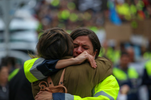 Avilés, Spain, May 16, 2024: A girl hugs her excited mother during the Demonstration for the future of Saint Gobain, on May 16, 2024, in Avilés, Spain.