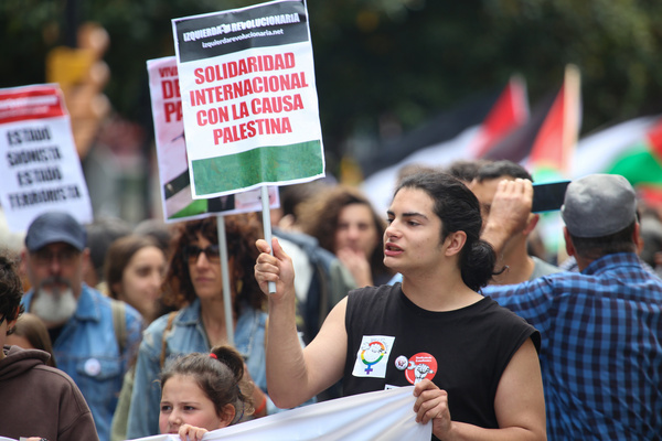 Gijón, Spain, May 19, 2024: A girl carries a sign with "International Solidarity with the Palestinian cause" during the Stop the Genocide Demonstration, end relations and purchase and sale of weapons with Israel, on May 19, 2024, in Gijón, Spain.