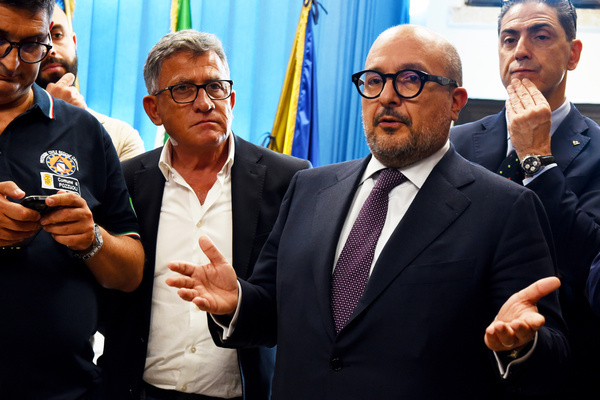 POZZUOLI ,ITALY- 21 MAY 2024: Gennaro Sangiuliano, (C) Minister of Culture, visit the cityhall of Pozzuoli, the city in province of Naples. The Campi Flegrei are intersting from the bradyseism phenomen that caused many earthquake shok, the most strong detected have been of magnitute 4.4 caused fear between people. Pozzuoli and all town in the Campi Flegrei for the presence of many archeological sites, have been declarated of World Heritage Site.
