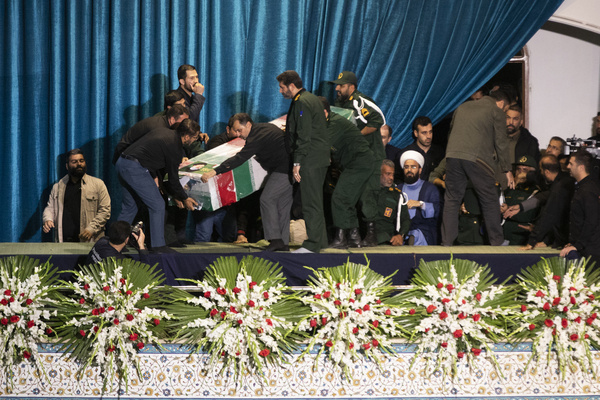 The organizers of the mourning ceremony are bringing the coffins of President Ebrahim Raisi and the Foreign Minister, along with others who were killed in the helicopter crash at the Imam Khomeini Grand Mosque, Tehran, Iran. Tuesday, May 21, 2024, during a funeral ceremony for him and his companions who were killed in a helicopter crash on Sunday in a mountainous region of the country's northwest.