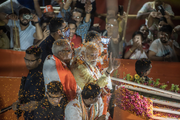 India's Prime Minister Narendra Modi in his first ever road show at Kolkata from Shyambazar 5 point crossing to Swami Vivekananda's ancestral house at Simla area 3 days before the final phase of the 7 stage of parliamentary election 2024 to be held on 1st June, 2024.