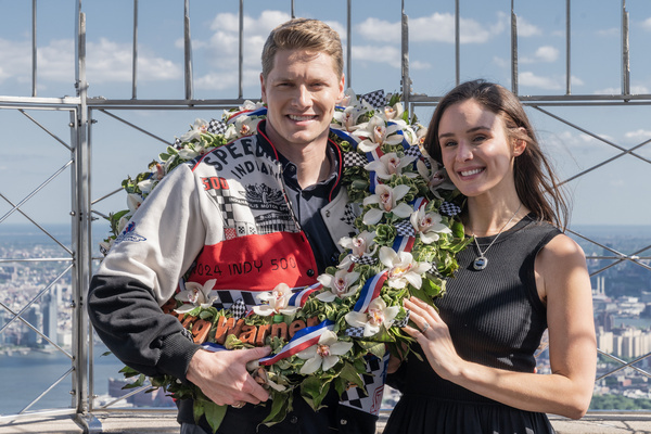 Josef Newgarden, winner of 2024 Indy 500 for the 2nd year in a row visits the Empire State Building in New York with his wife Ashley.