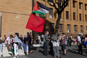 Demonstration in front of the entrance to La Sapienza University of Rome organized by movements of Palestinian students living in Italy