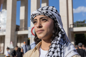 Maya Issa, leader of Movement of Palestinian students, during protest in front of the entrance of La Sapienza University of Rome