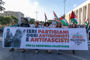 Demonstration in front of the entrance to La Sapienza University of Rome organized by movements of Palestinian students living in Italy