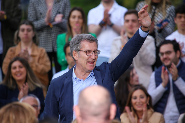 Gijón, Spain, May 31, 2024: The President of the Popular Party, Alberto Núñez Feijoo greets the public during the Campaign Rally of the Popular Party for the European Elections 2024, on May 31, 2024, in Gijón, Spain.
