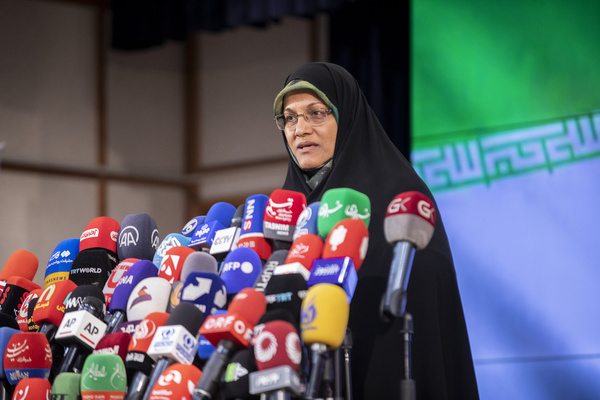 Former Member of Parliament, Zohreh Elahian speaks to the media after registering her name as a candidate for the June 28 presidential election at the Interior Ministry in Tehran, Iran, Saturday, June 1, 2024.