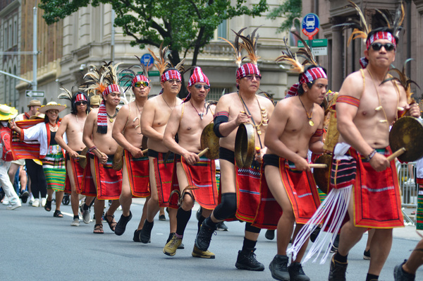 Filippiono men wear traditional dress at Madison Avenue, Manhattan in New York City during the 34th Annual Philippine Day Parade.