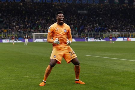 Italy, Milan, may 16 2023: Andre Onana (FC Inter goalkeeper) celebrates the 1-0 goal by L. Martinez at 74' during soccer game FC Inter vs AC Milan, SF 2nd leg UCL 2022-2023 San Siro stadium