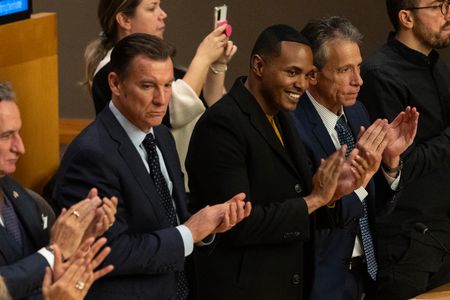 Former Congressman Tom Suozzi and Congressman Ritchie Torres attend Through the Voice and Eyes of Hamas presentation organized by Mission of Israel at UN Headquarters. Keynote speaker was Mosab Hassan Yusef, son of Hamas co-founder Sheikh Hassan Yusef, who escaped a life of terror. During the presentation was a screening of the atrocities committed by Hamas on October 7th, 2023 during the terrorist attack on Israel, footage was compiled from videos shot by terrorists as well by victims and first responders.