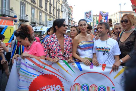 Naples, Italy - July 01 ,2023: View among the crowd the famous Italian singer Anna Tatangelo. The artist was invited by the organizers of the Naples Pride 2023 , held in Piazza Dante on 01 July 2023, as guest of honor at the head of the parade through the streets of Naples.