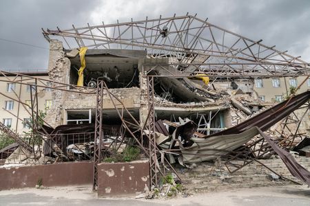 View of Kupiansk Central City Hospital partially destroyed during Russian war