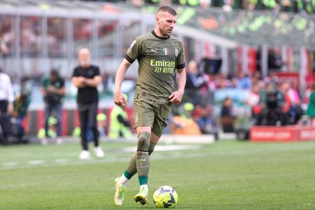 Ante Rebic (AC Milan striker) dribbles in front court in the second half in the second half during the soccer game match AC Milan vs SS Lazio - Serie A Tim 2022/2023 day 34 at San Siro Stadium. AC Milan wins 2-0.