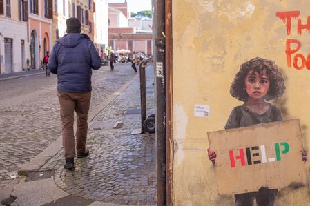 Detail of new mural entitled "Help Palestine" created by streetartist TvBoy in Borgo Pio in Rome