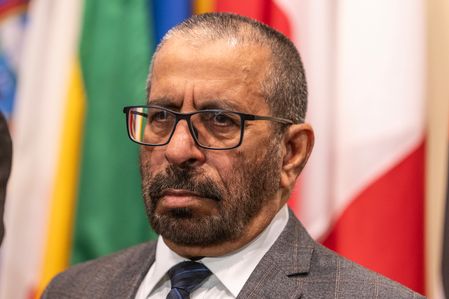 Khalifa Shaheen, United Arab Emirates Minister of State attends the press briefing at UN Headquarters. Briefing was held during Security Council meeting on situation in the Middle East including Palestinian question.