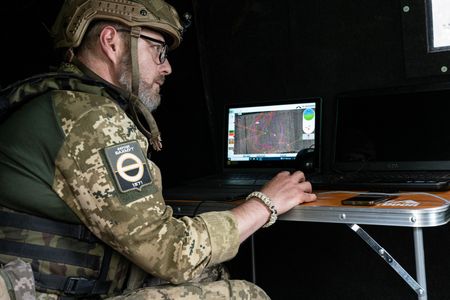 Member of Ukrainian Army Forces operates Aviation Systems of Ukraine Valkyrja drone designed and produced in Ukraine used for reconnaissance of Russian positions in undisclosed location near town of New York Donetsk region.