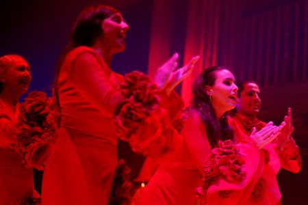Several artists are seen on stage, while performing part of the show 'Jaleos Jondos', at the Magno theater, in Madrid (Spain). 'Jaleos Jondos' is the new show that arrives in Madrid to challenge the concept of traditional flamenco with a contemporary staging directed by Daniele Finzi Pasca (director of Cirque du Soleil shows), with music by the winner of a Latin Grammy Javier Limon (Lagrimas Negras), choreography by Jose Maldonado and set design and costumes by the MAX theater award and artistic director of Letsgo, Felype de Lima. 'Jaleos Jondos' is not just another flamenco show in the city of Madrid. 'Jaleos Jondos' is a groundbreaking, profound and eclectic proposal that will transform Madrid nights and those who enjoy it. The immense art of the great dancer Carmela Greco, in her role as matriarch, and artists of the caliber of Saul Quiros and Montse Cortes on vocals and Antonio Sanchez on guitar, endorse the unique quality of this show that comes to test the traditional concept of the tablaos of Madrid and offer a groundbreaking, eclectic, profound and contemporary proposal. The show presents the viewer with a journey that covers more than three centuries of evolution, connecting culture and heritage from the very essence to the vanguard of flamenco.