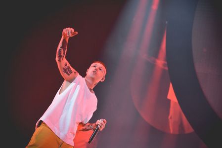 The Italian rapper Lazza (Jacopo Lazzarini) performs live at PalaPartenope in Naples with his Ouver Tour 2023.