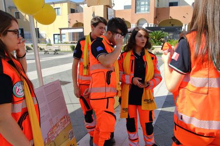 Pagani, Salerno, Italy - October 16,2022 : The Civil Protection Association of Pagani "Papa Charlie" participates in the national day of National Civil Protection , called "I do not risk". This day was established in 2019 at the International Day for the Reduction of Risk of Natural Disasters which is celebrated every year in October." I do not risk", is the national campaign for good civil protection practices. It serves to spread the culture of prevention and knowledge of good civil protection practices while increasing awareness of the natural risks present in its territory.Seen the young volunteers of the Civil Protection Association "Papa Charlie".
