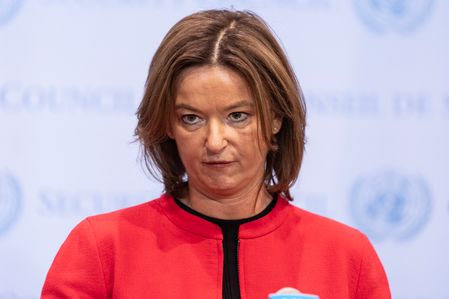 Tanja Fajon, Minister for Foreign Affairs and European Affairs of Slovenia speaks to the press after Security Council meeting on situation in the Middle East including Palestinian question at UN Headquarters in New York