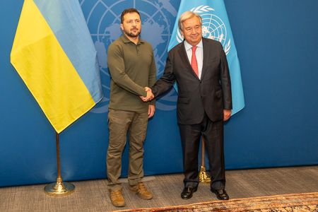 The Secretary-General Antonio Guterres meets with the President of Ukraine Volodymyr Zelenskyy at the UN Headquarters.
