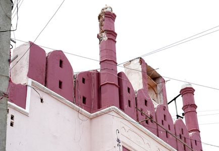 A dome of 187-year-old heritage Ajmeri gate that has suffered damage due to rains and strong winds in Beawar.