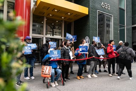 More than hundred activists and public housing residents gather and rally for housing and Medicaid relief included into state budget in front of Governor New York office.