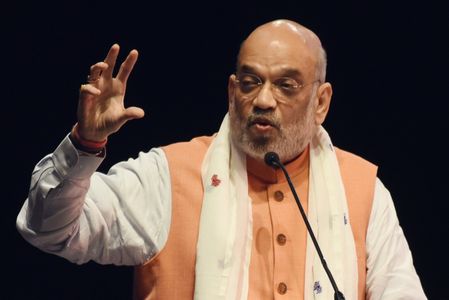 India's Home Minister Amit Shah delivering address during a program organized by 'Khola Hawa' to celebrates Rabindranath Tegore's birth anniversary at Science City Auditorium in Kolkata on May 9,2023.