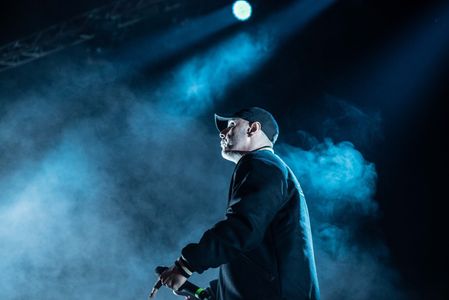 Italian rapper Fabri Fibra live at the Palapartenope Theater in Naples.