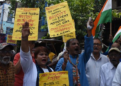 Indian National Congress (INC) activists protests against the decision of central government not to invite the Constitutional Head Droupadi Murmu the president of India in the inauguration of new Parliament House.