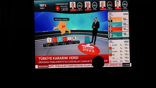 AK Party supporters are watching live updates of the Turkish 2023 General Elections at midnight in front of the AK Party Izmir Provincial Presidency. Erdogan leads with 49.49% of the vote, Kilicdaroglu takes 44.79% of the vote after 91.93% of ballots were counted, the head of Turkey's Supreme Election Council said in early Monday.