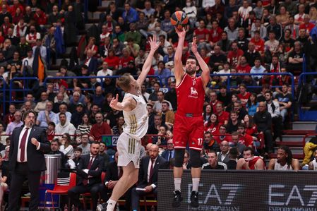 Italy, Milan, march 24 2023: Giampaolo Ricci (Armani forward) 3 points shot in 4th quarter during basketball game EA7 Emporio Armani Milan vs FC Bayern Munich, EuroLeague 2022-2023 round30