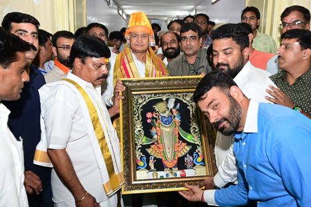 Rajasthan Chief Minister Ashok Gehlot being welcomed by hindu priest and supporters during his visit to Shrinathji temple at Nathdwara in Rajsamand district.
