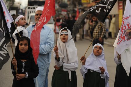 Leaders and activists of Tehreek-e-Nifaz-e-Fiqh Jafaria (TNFJ) are holding protest demonstration against demolition of Jannat-ul-Baqi in connection of the Youm-e-Inhedaam-e-Jannat-ul-Baqi Graveyard, held at comitee chowk