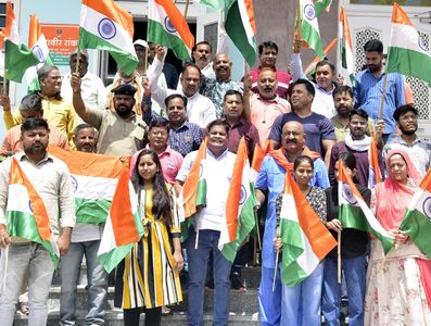 Members of Ram Lal Suraj Devi Ranka Trust distribute 21,000 flags to create awareness of Har Ghar Tiranga campaign ahead of the 76th Independence Day. Har Ghar Tiranga aims to encourage every household to actively participate by hoisting the Indian flag on their premises from August 13th to August 15th.