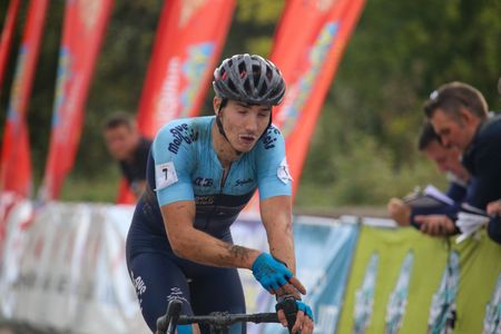 Ambasaguas, Spain, November 05, 2023: The cyclist, Samuel Gonzalez entering the finish line during the Men's Elite test of the Karrantza International Cyclo-Cros, on November 05, 2023, in Ambasaguas, Spain.