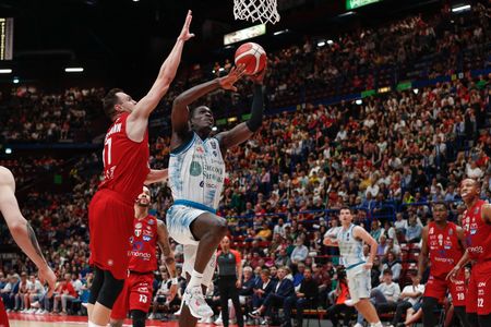 Italy, Milan, may 7 2023: Ousmane Diop (Sassari center) attacks the basket in the 4th quarter during basketball game EA7 Emporio Armani Milan vs Dinamo Sassari, LBA 2022-2023 day30