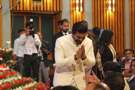South Indian actor RamCharan & foreign delegates during the 3rd G20 Tourism Working Group Meeting: "Film Tourism for Economic Growth and Cultural Preservation" meeting at SKICC in Srinagar on May 22 2023. A G20 tourism meeting began on May 22 under tight security in Indian-administered Kashmir, as New Delhi seeks to project an image of normality in a region wracked for decades by violence.